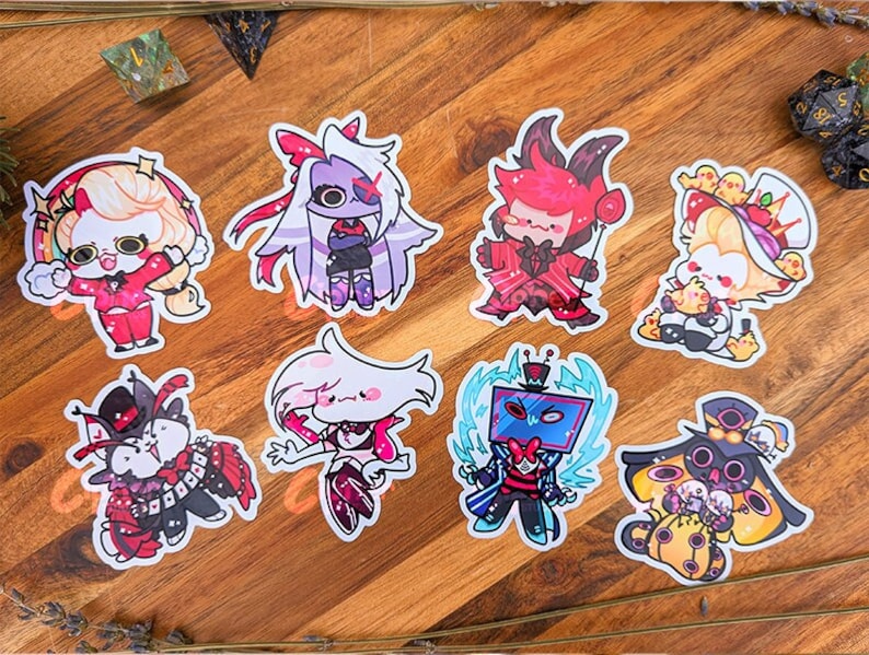 May include: Eight colourful cartoon character stickers featuring a variety of characters with different expressions and poses. The stickers are printed on white paper and have a glossy finish.