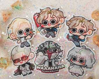 Adesivos inspirados em Resident Evil 9 com Leon, Grace, Gideon, Emily e Zeno.