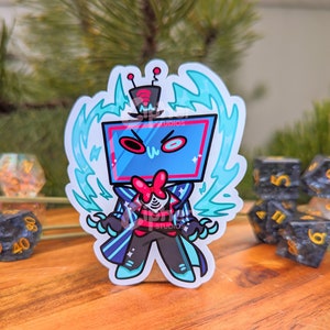 May include: A blue and red cartoon character sticker with a television screen for a head. The character is wearing a top hat, a bow tie, and a blue and white striped jacket. The character is surrounded by blue and white lightning bolts.
