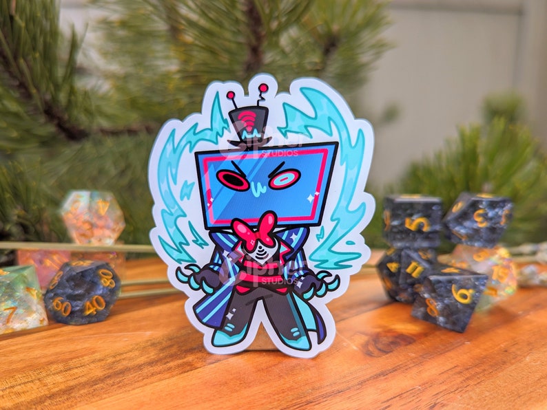 May include: A blue and red cartoon character sticker with a television screen for a head. The character is wearing a top hat, a bow tie, and a blue and white striped jacket. The character is surrounded by blue and white lightning bolts.