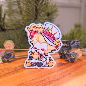 May include: A white sticker featuring a cartoon character wearing a red and white hat with a crown and holding a small yellow chick. The character is surrounded by other small yellow chicks.