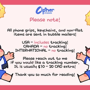 May include: A pink background with the text "Please note!" and "Cipher Studios" in blue. The text explains shipping details for phone grips, keychains, and other items. Two cartoon characters in sailor outfits are on the sides.