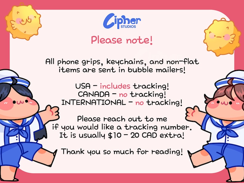 May include: A pink background with the text "Please note!" and "Cipher Studios" in blue. The text explains shipping details for phone grips, keychains, and other items. Two cartoon characters in sailor outfits are on the sides.