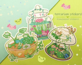 Terrarium Stickers [Ft. Froggy Teacup, Calico Mushroom, Axolotl Jar!] Clear, Translucent & Matte!