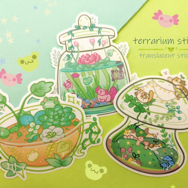 Stickers terrarium Tasse à thé grenouille, champignons calicot, pot axolotl !] Transparent, translucide et mat !