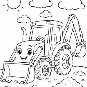 Op de afbeelding: Een zwart-wit kleurplaat met een cartoon tractor met een lachend gezicht, een voorlader en een graafarm aan de achterkant. De scène bevat een zon, wolken en hopen aarde op de grond, weergegeven in een eenvoudige, dikke lijnstijl.
