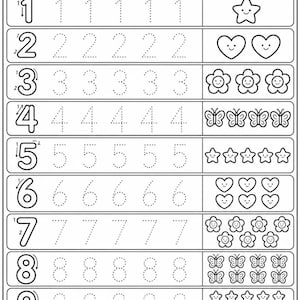 May include: A black and white educational worksheet titled Number Tracing with the instruction Trace the numbers and count the objects. It features rows for numbers one through ten with dotted lines for tracing and corresponding cute icons.