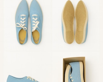 Puede incluir: Zapatillas de lona azul claro con cordones y suelas color crema. La palabra "VINTAGE" se muestra encima de los zapatos. La imagen muestra los zapatos desde múltiples ángulos, incluyendo un par, las suelas y uno en una caja.
