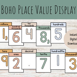 May include: A place value chart with colourful cards showing the numbers 1, 6, 4, 8, 5, 9, 2, 7, 1, and 3. The cards are labelled with place value names like millions, hundred thousands, ten thousands, thousands, hundreds, tens, ones, tenths, hundredths, and thousandths. The text "Instant Digital Download" is also visible.