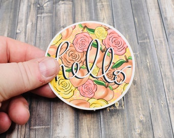 Hello Peaches Sticker / Floral Decal for Waterbottle / Laptop / VSCO / Case / Phone / Yeti / iPad /  Bullet Journal / Planner