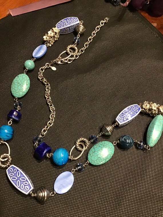 Beautiful Long Multi Blue and Silver Necklace