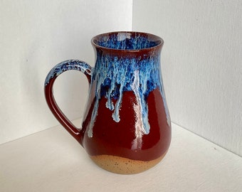 Red and Blue Drippy Handmade Ceramic Mug, Pottery Mug, Coffee Mug, Handmade Mug, Unique Mug