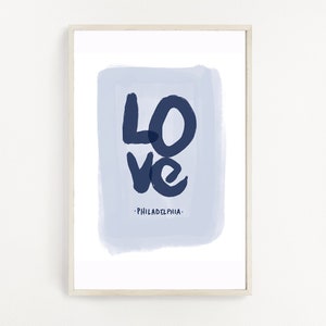 Blaue Philadelphia Love Statue druckbare Kunst, von Hand gezeichnet, Marineblau, Hellblau, Philly