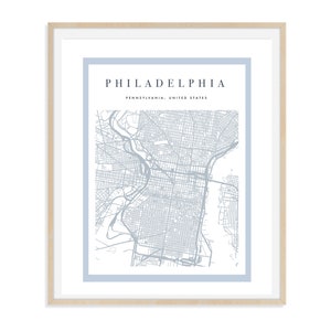 Azul Philadelphia Print, Arte de la ciudad de Filadelfia sin marco, Mapa para el escritorio del hogar, Decoración única para la sala de juegos, Decoración de viaje Philly
