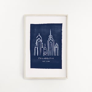 Blue Philadelpia Skyline Art Imprimable Art, Dessiné à la main, Bleu Marine, Bleu Clair, Philly,