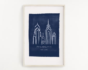 Blue Philadelpia Skyline Printable Art, Hand-drawn, Navy Blue, Light Blue, Philly,