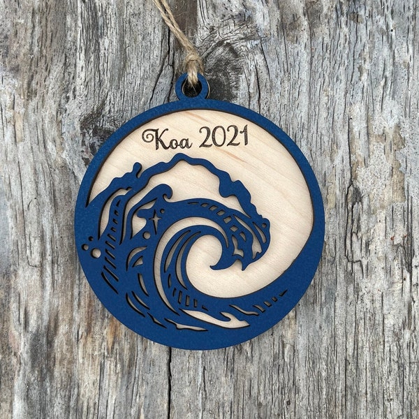 Wave ornament, Personalized Custom beach ornament,  coastal themed Christmas ornament, 2023 ornament, Family name, baby name, gift idea