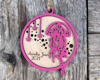 Jellyfish ornament, Personalized ornament, Custom beach coastal themed Christmas ornament, 2024 ornament, baby name, special gift idea,