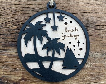 Adorno de playa 2025, palmeras, adorno personalizado, idea de regalo para viaje a la playa, adorno navideño personalizado, adorno de recuerdo, regalo navideño costero