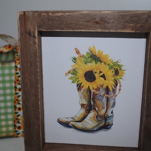 Sunflower and Cowboy Boots Decor, Tiered Tray Decor, Watercolor Sunflowers, Shelf Sitter, Farmhouse, Country, Wood Frame, Kansas, Sunshine