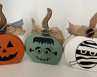 Halloween Wood Pumpkin Set: Monster Face Table Decor