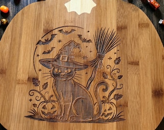 Engraved Pumpkin Shaped Cutting Board, Halloween Board, black Cat, Wood Serving Tray