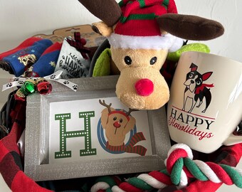 Dog Christmas Gift Basket, Plaid Lined Basket, Buffalo Check Bowl