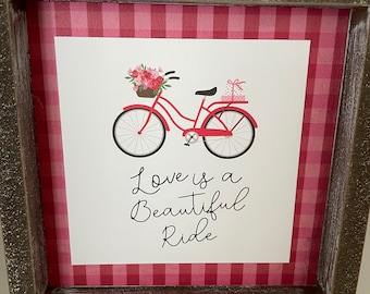 Love tiered tray decor, valentines decor, bicycle decor, love is beautiful ride, shelf sitter, tiered tray, pink, red, check