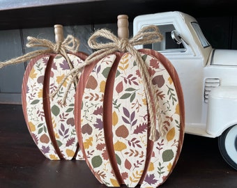 3D Wood Pumpkin, Teal Leaf Paper, Farmhouse Tiered Tray Decor