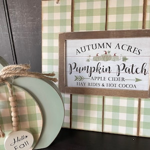 Pumpkin Patch Wood Sign, Hanging Wood Sign, Country Sign, Green Check Sign, Fall Sign, Wood Sign, Autumn Decor, Green Pumpkin, Farmhouse