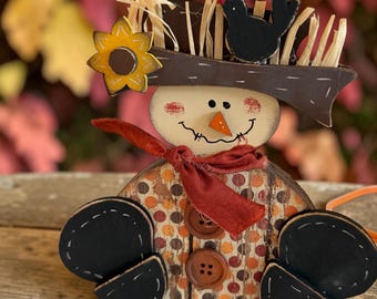 Handmade Primitive Wood Scarecrow Shelf Sitter, Fall Farmhouse Decor, Rustic Country Scarecrow