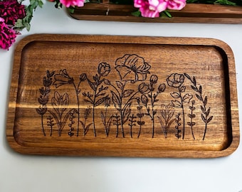 Engraved Floral Wood Tray: Decorative Catch-all Tray