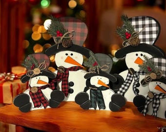 Wooden Snowman Tiered Tray Decor: Plaid Hat, Primitive Christmas