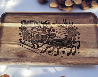 Engraved Christmas Serving Tray: Santa's Sleigh Holiday Decor, Personalized Decor
