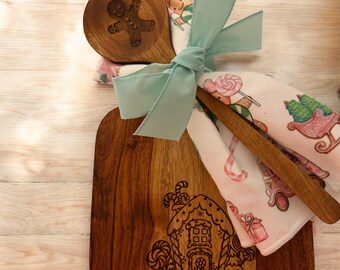Gingerbread Cutting Board and Spoon Gift Set, Hand towels, Hostess Gift