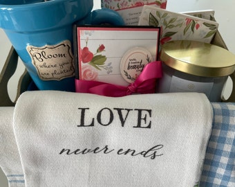 Watercolor Flower Gift Basket, Scented Candle, Tea, Stone Coasters