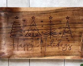 Engraved Wood Holiday Serving Tray, Christmas Tree Design