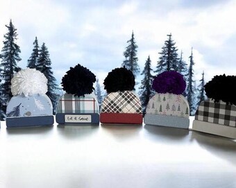 Personalized Wood Beanie Hat: Tiered Tray Winter Decor
