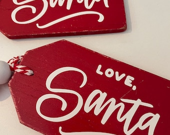 Love Santa Wood Gift Tag, Distressed Red, Beaded Christmas Decor