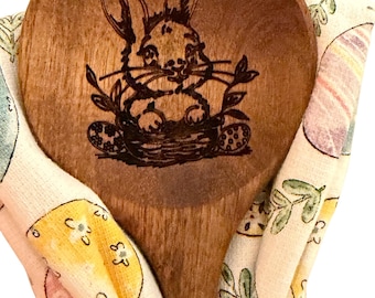 Engraved Bunny Wooden Spoon and Kitchen Towel Easter Gift Set