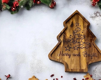 Engraved Wood Christmas Tree Tray, Holiday Serving Tray