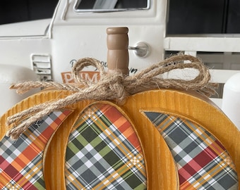 Rustic Plaid Wooden Pumpkin: Country Fall Decor