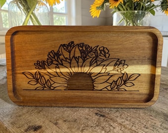 Engraved Sunflower Wood Tray: Decorative Catch-all Tray