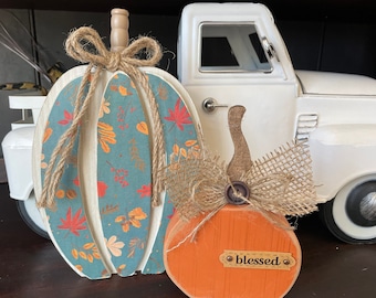 Teal Papered Wood Pumpkin, Fall Tiered Tray Decor