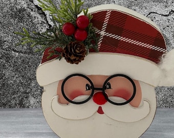 Primitive Wooden Santa Claus: Plaid Hat, Farmhouse Christmas Decor