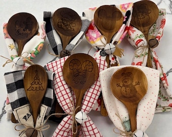 Engraved Wooden Spoon and Kitchen Towel Set, Christmas Twine Bell Gift