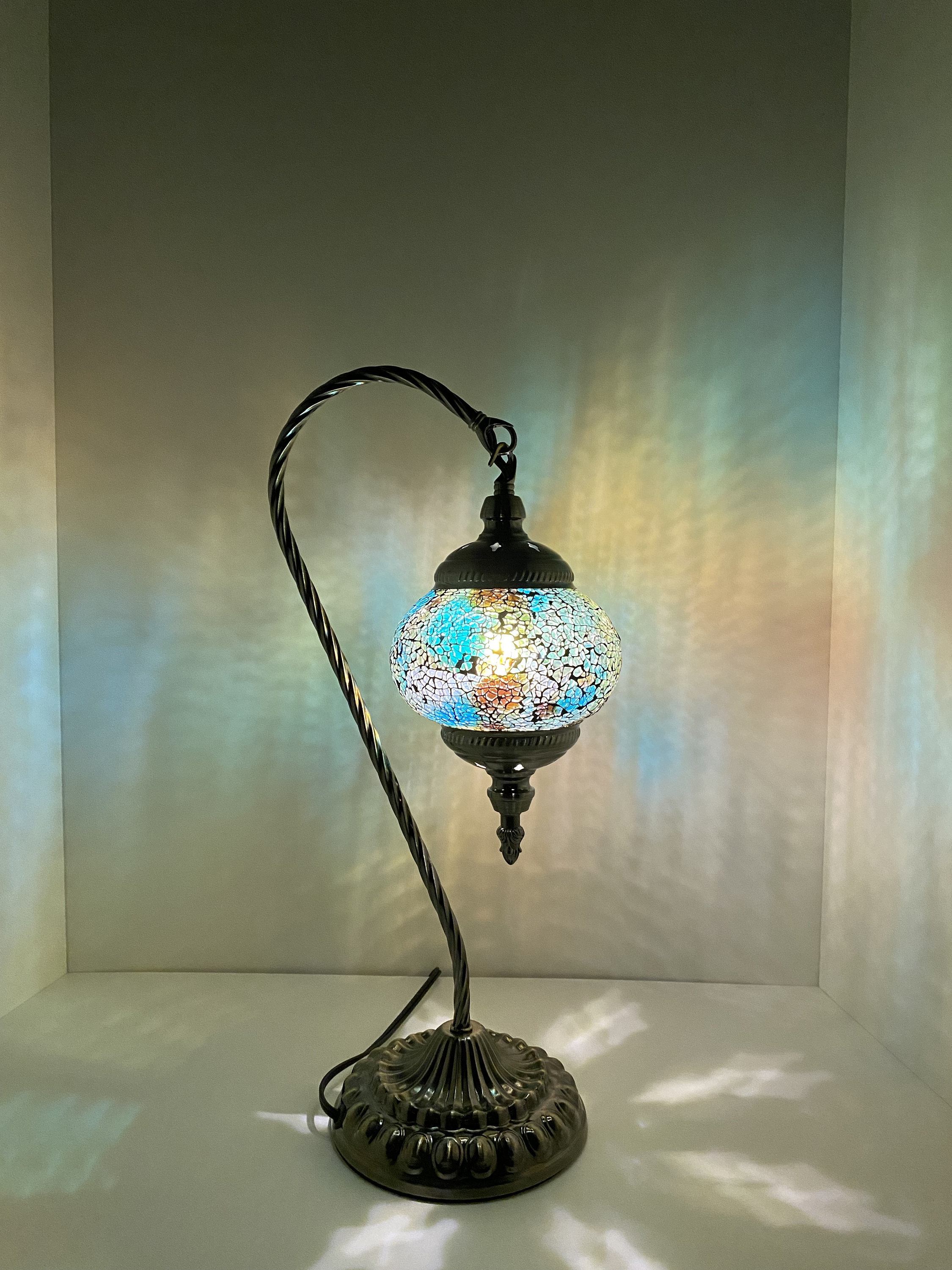 Multi-colored glass mosaic brass swan neck lamp