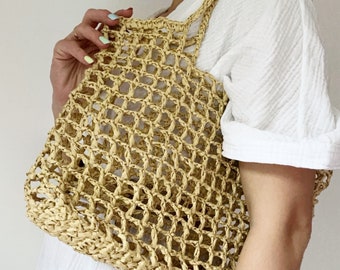 Beach raffia mesh tote bag, natural beige paper shoulder bag, vegan open weave purse, daily shopping large bag, holiday summer bag