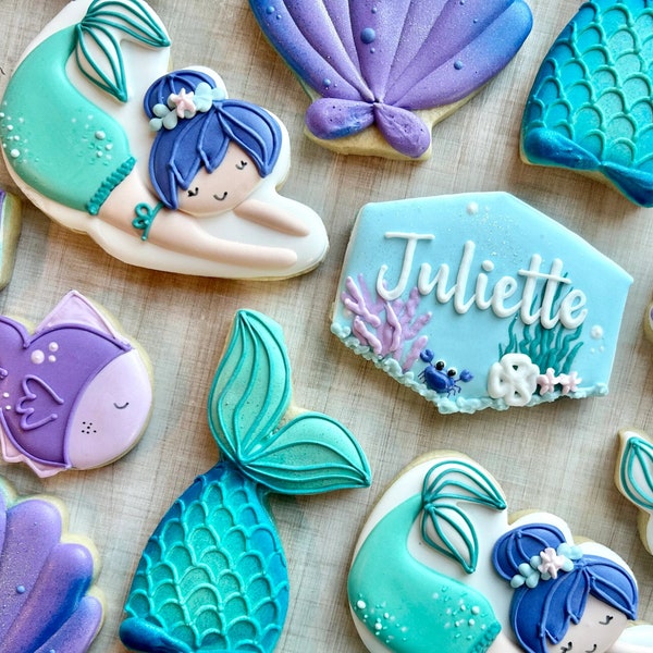 Personalized Mermaid Sugar Cookies, First Birthday Decorated, Princess Dozen Cookies, 1st Birthday Party Favor, Custom Cookies, Baby Shower