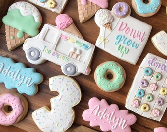 Personalized Sugar Cookies, First Birthday Decorated, Ice Cream Cone Dozen Cookies,Donut 1st Birthday Party Favor,Custom Cookies,Baby Shower